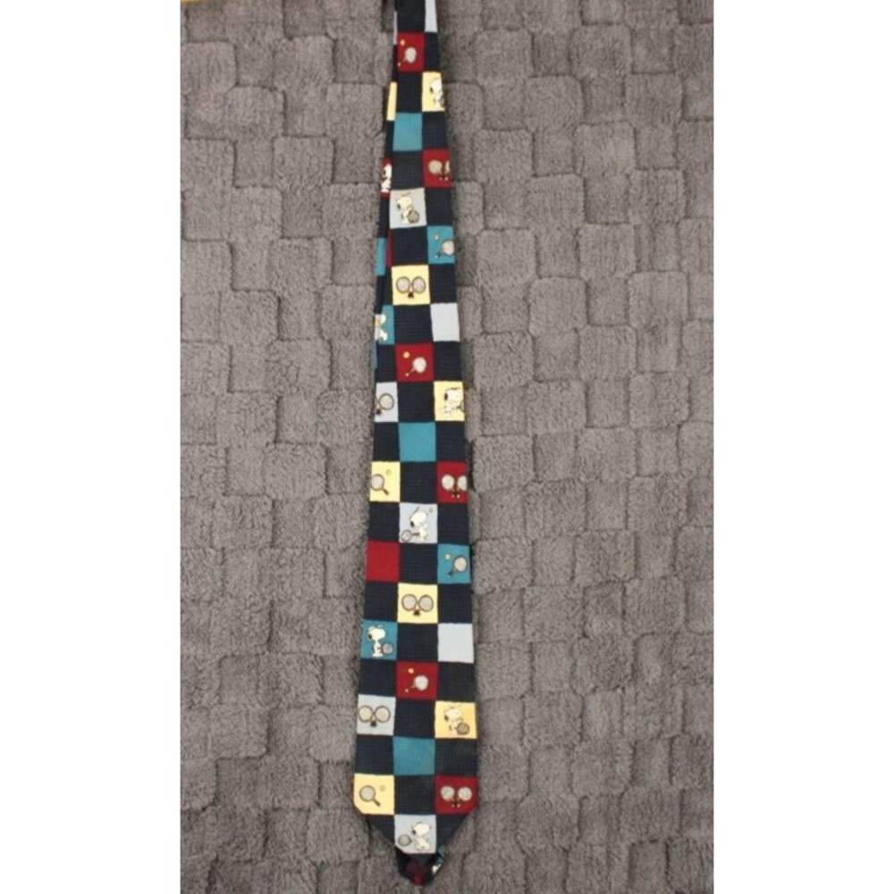 Peanuts Snoopy Joe Pro Tennis Navy Blue Square Multicolor Blocks Necktie Tie